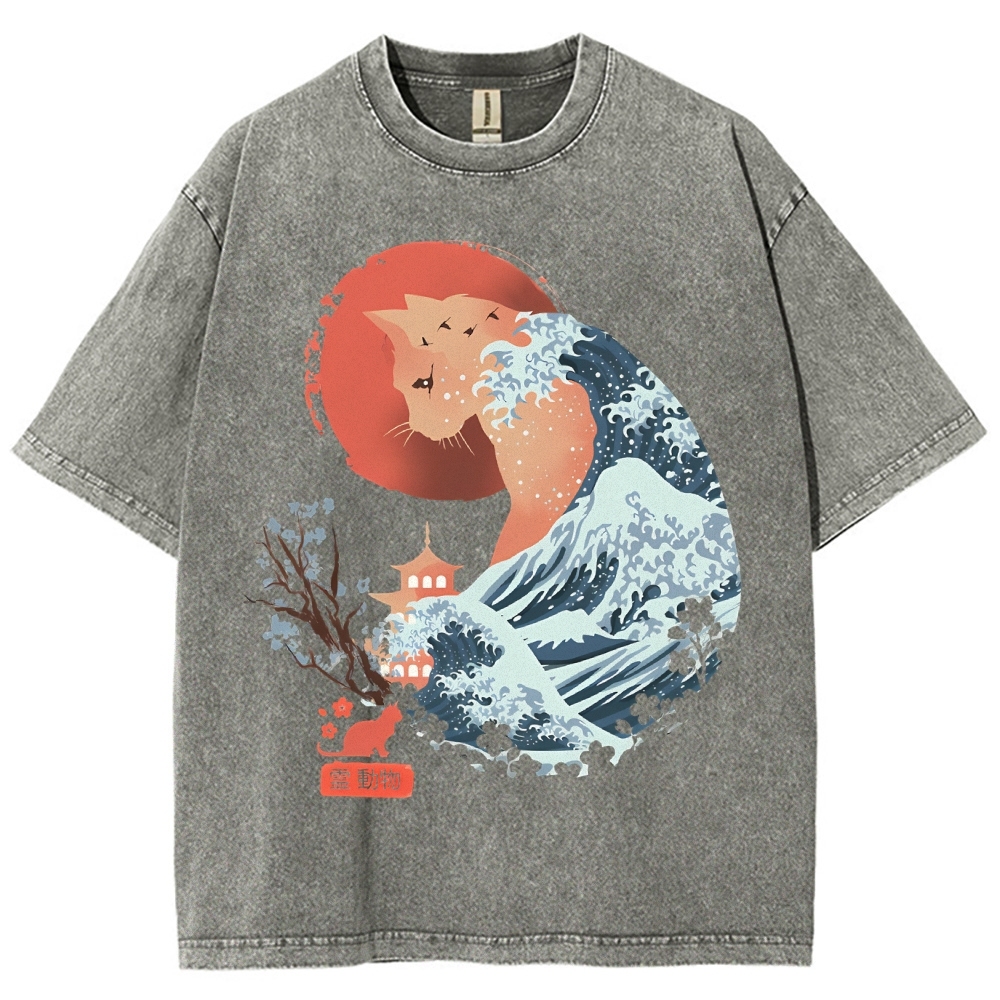 Unisex Japanese Wave Leopard Printed Washed Tee