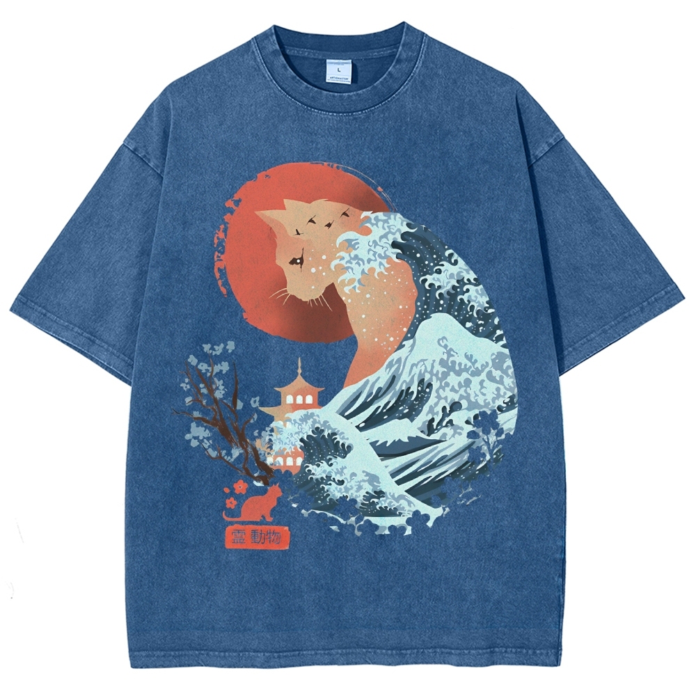 Unisex Japanese Wave Leopard Printed Washed Tee