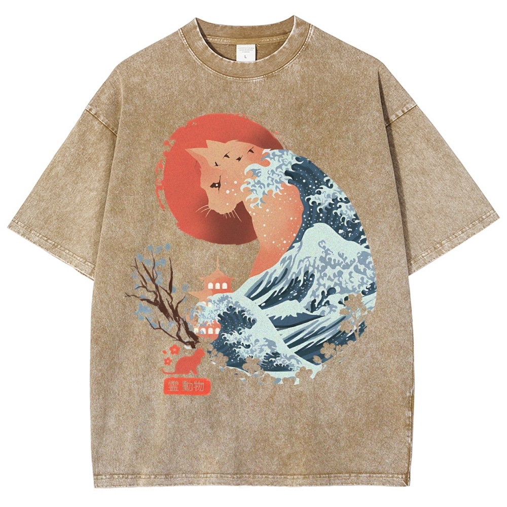Unisex Japanese Wave Leopard Printed Washed Tee