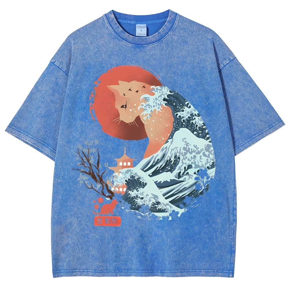 Unisex Japanese Wave Leopard Printed Washed Tee