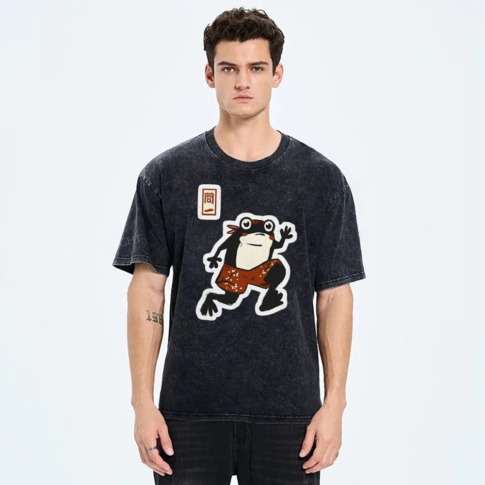 Unisex Japanese Style Frog Printed Washed Tee