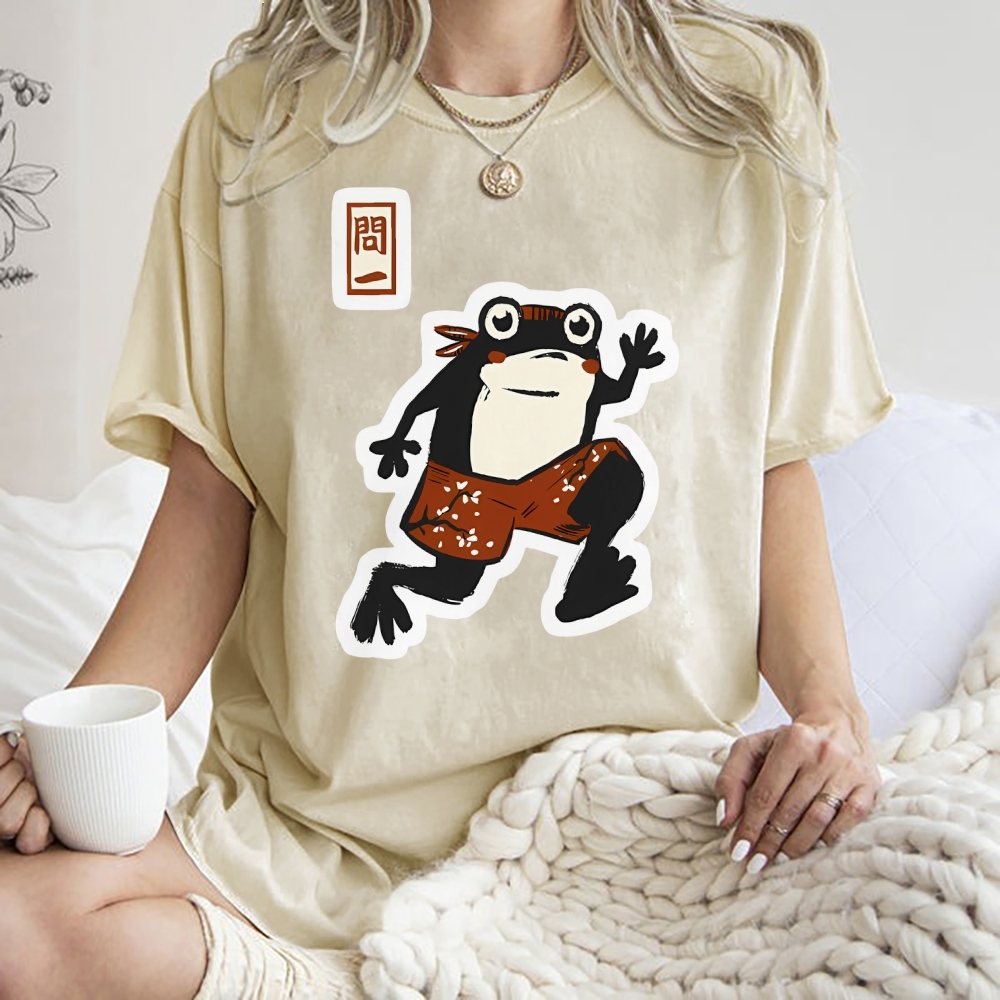 Unisex Japanese Style Frog Printed Washed Tee