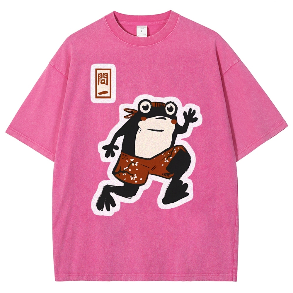 Unisex Japanese Style Frog Printed Washed Tee