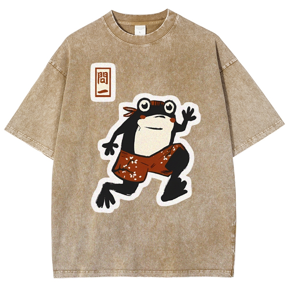 Unisex Japanese Style Frog Printed Washed Tee