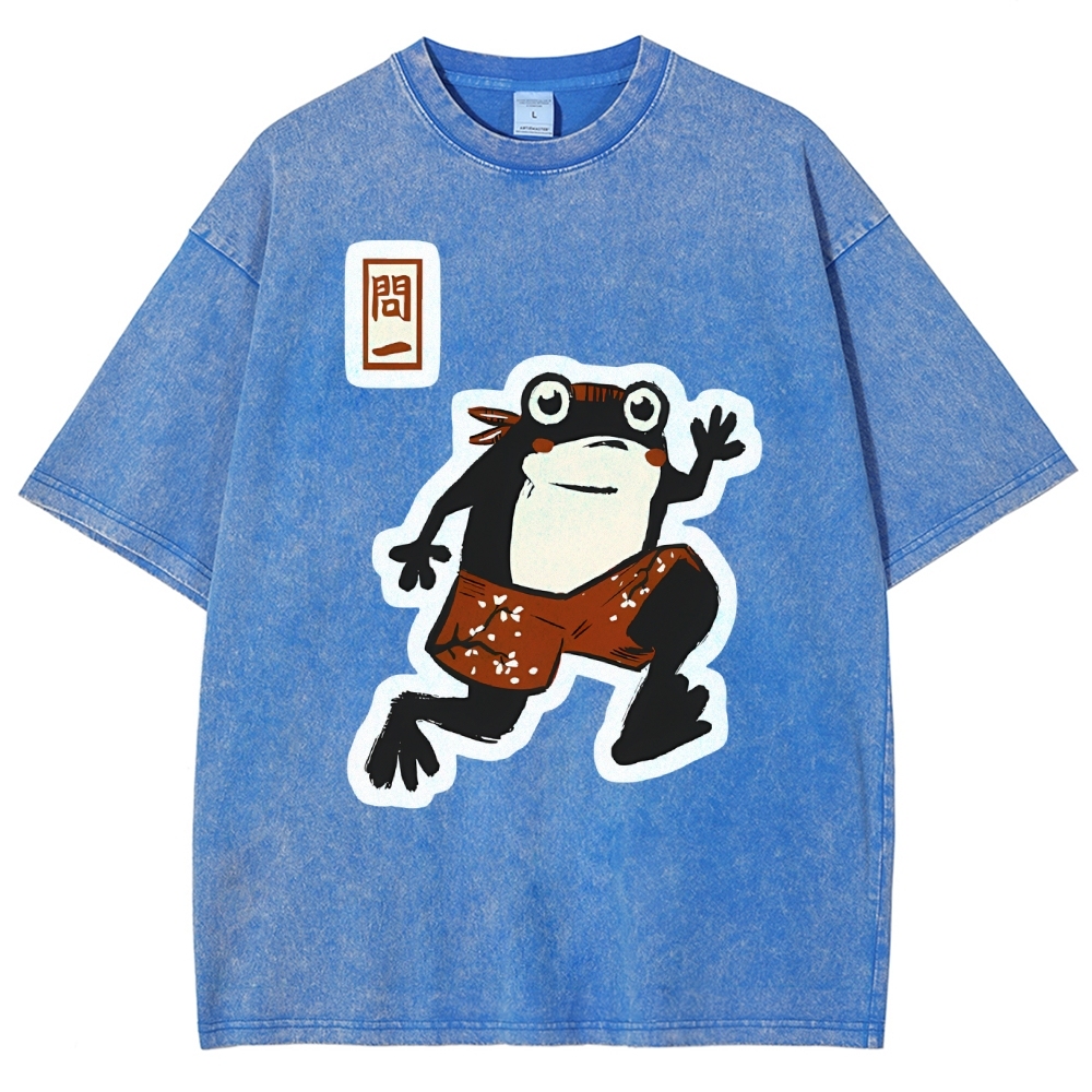 Unisex Japanese Style Frog Printed Washed Tee