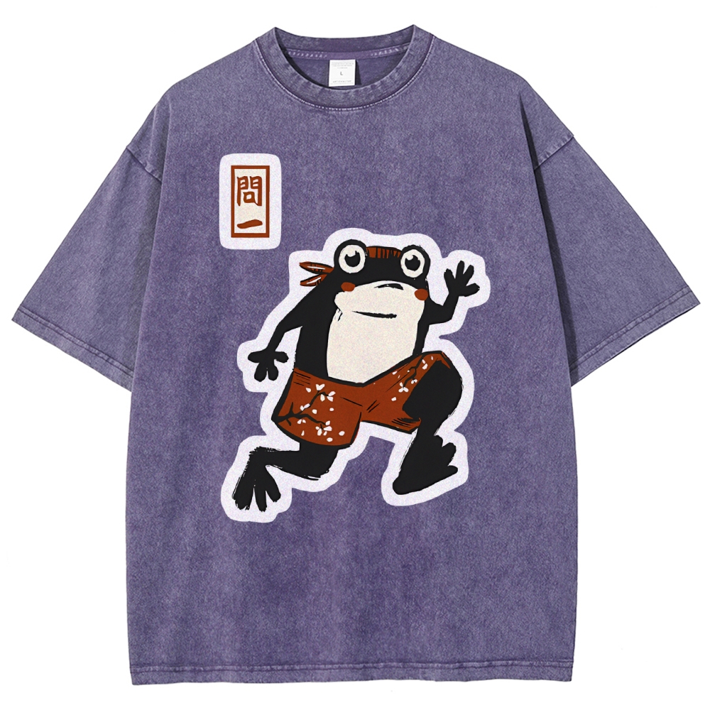 Unisex Japanese Style Frog Printed Washed Tee