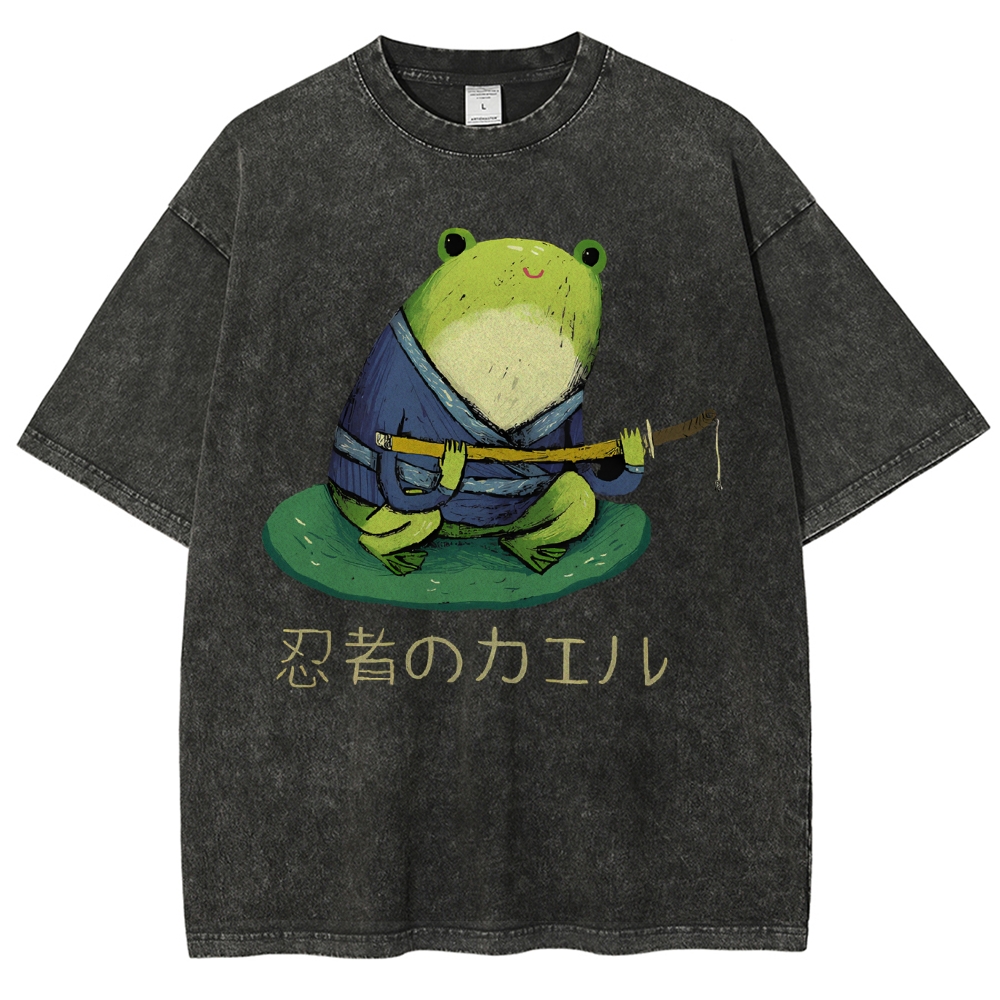 Unisex Japanese Style Frog Printed Washed Tee