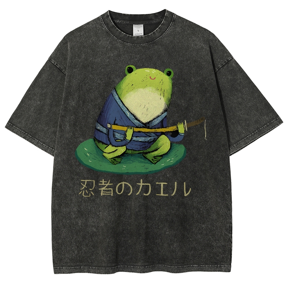 Unisex Japanese Style Frog Printed Washed Tee