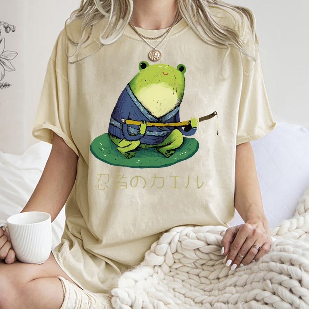 Unisex Japanese Style Frog Printed Washed Tee