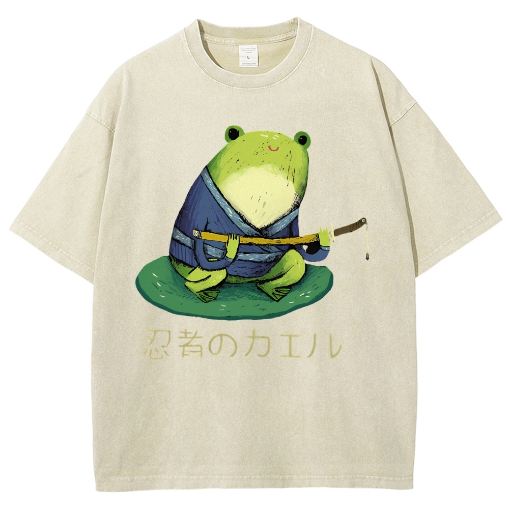 Unisex Japanese Style Frog Printed Washed Tee