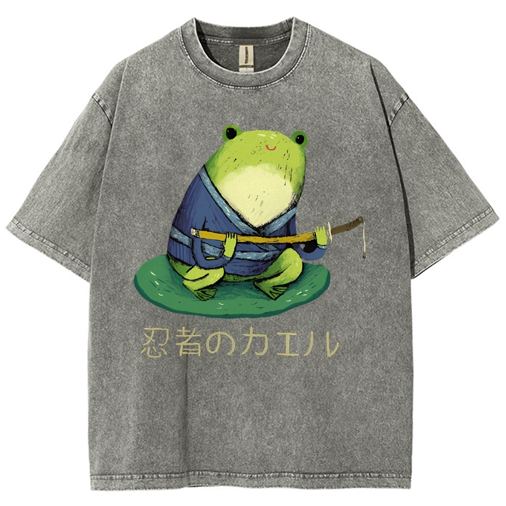 Unisex Japanese Style Frog Printed Washed Tee