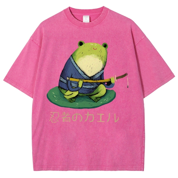 Unisex Japanese Style Frog Printed Washed Tee