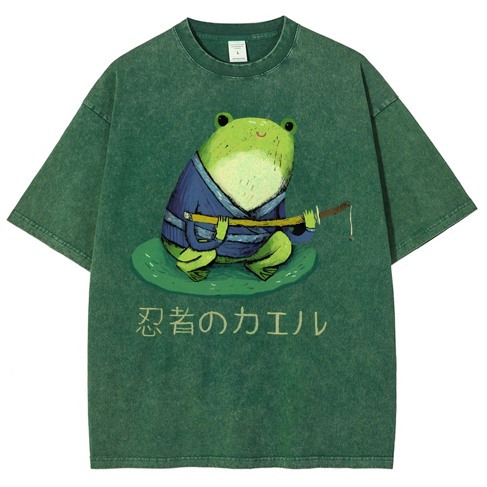 Unisex Japanese Style Frog Printed Washed Tee