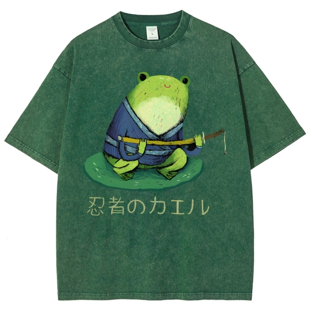 Unisex Japanese Style Frog Printed Washed Tee