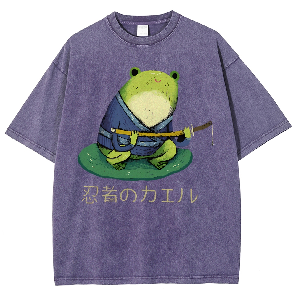 Unisex Japanese Style Frog Printed Washed Tee