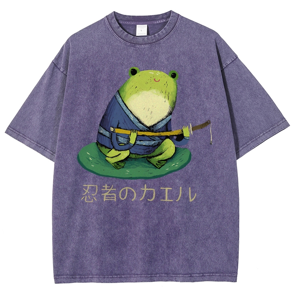 Unisex Japanese Style Frog Printed Washed Tee