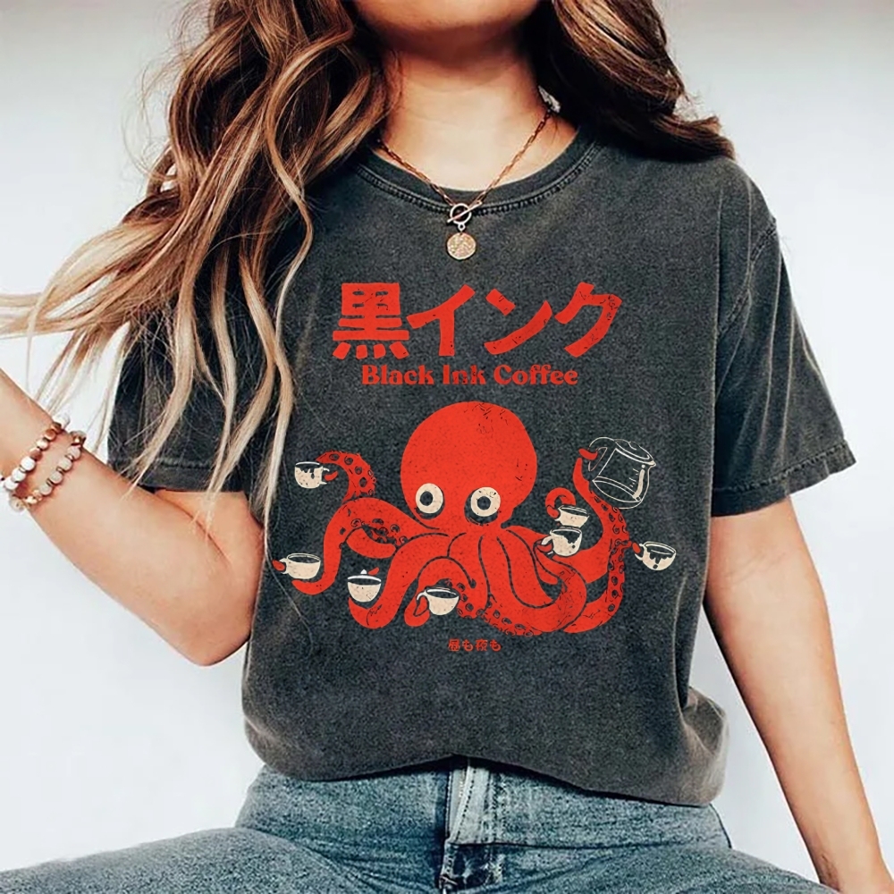 Unisex Japanese Octopus Printed Washed Tee