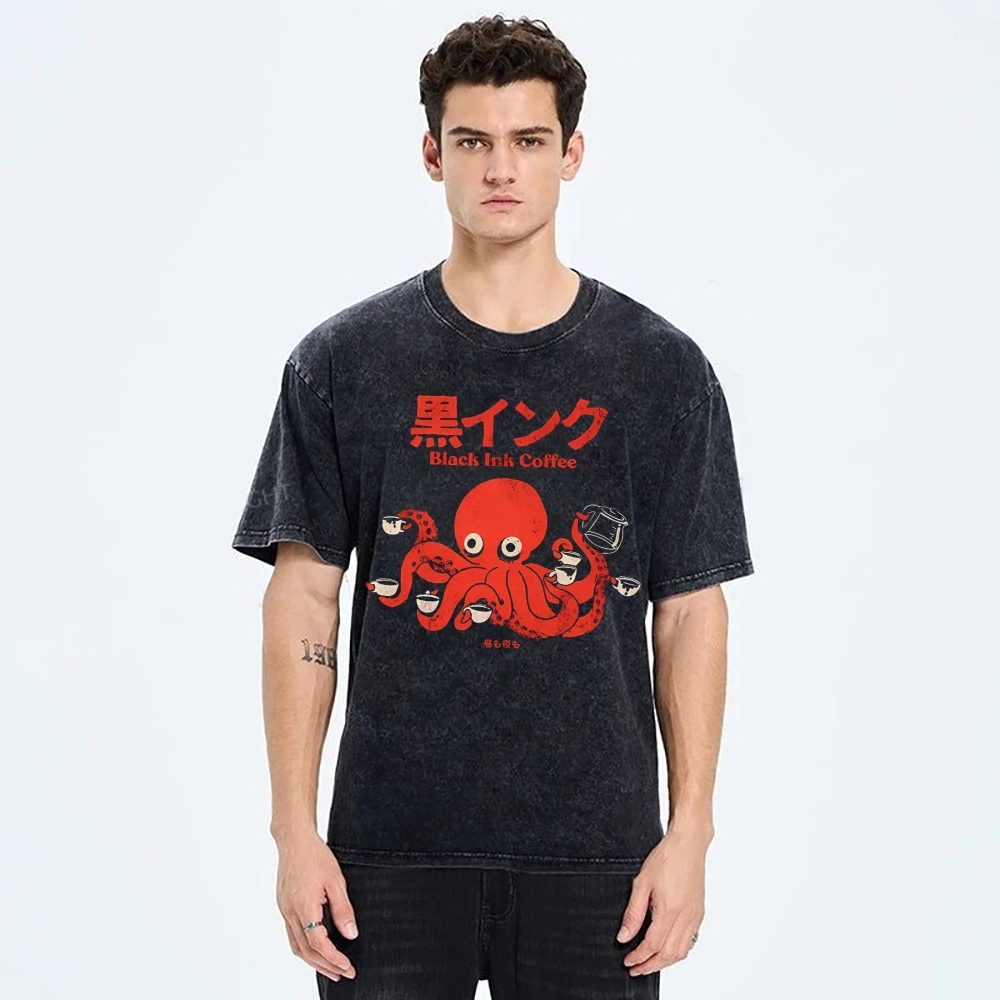 Unisex Japanese Octopus Printed Washed Tee