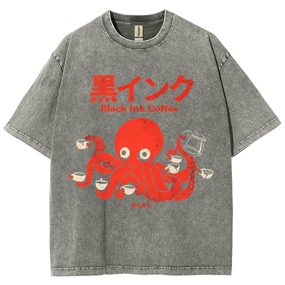 Unisex Japanese Octopus Printed Washed Tee