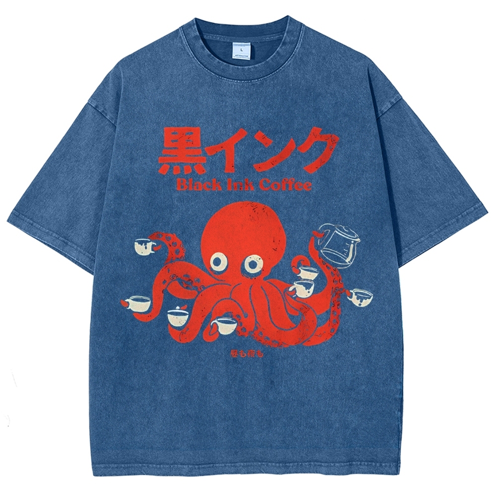 Unisex Japanese Octopus Printed Washed Tee
