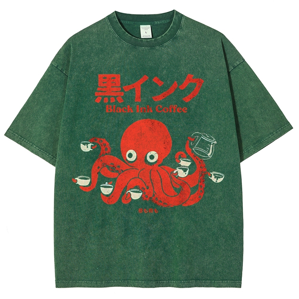 Unisex Japanese Octopus Printed Washed Tee
