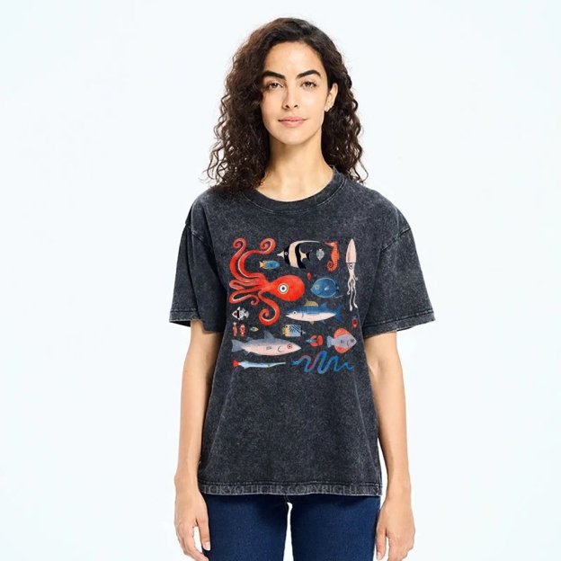 Unisex Octopus And Fish Printed Washed Tee