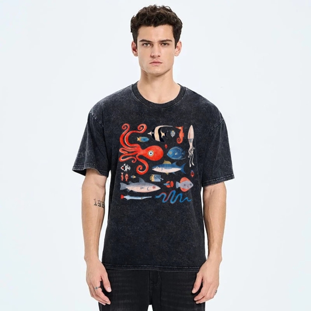 Unisex Octopus And Fish Printed Washed Tee