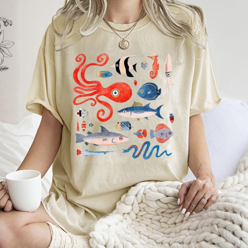 Unisex Octopus And Fish Printed Washed Tee
