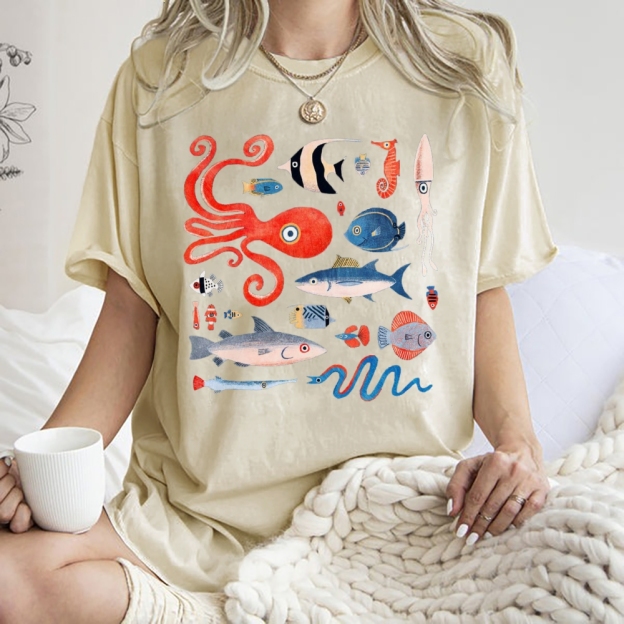 Unisex Octopus And Fish Printed Washed Tee