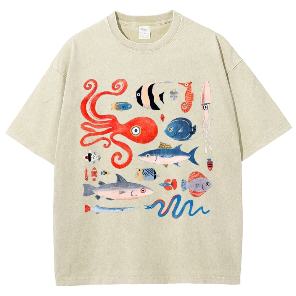 Unisex Octopus And Fish Printed Washed Tee