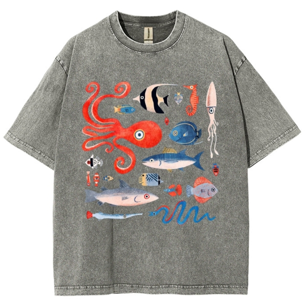 Unisex Octopus And Fish Printed Washed Tee