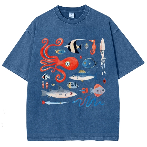 Unisex Octopus And Fish Printed Washed Tee