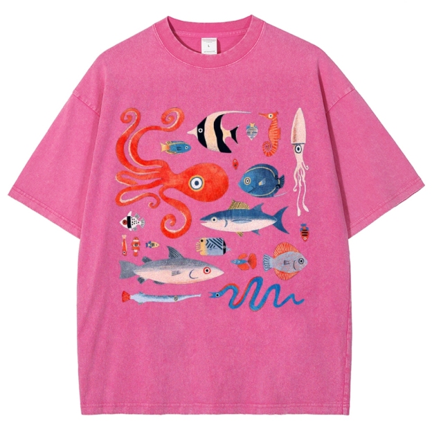 Unisex Octopus And Fish Printed Washed Tee