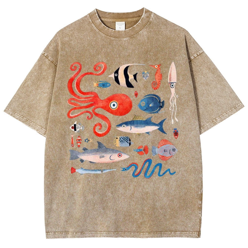 Unisex Octopus And Fish Printed Washed Tee