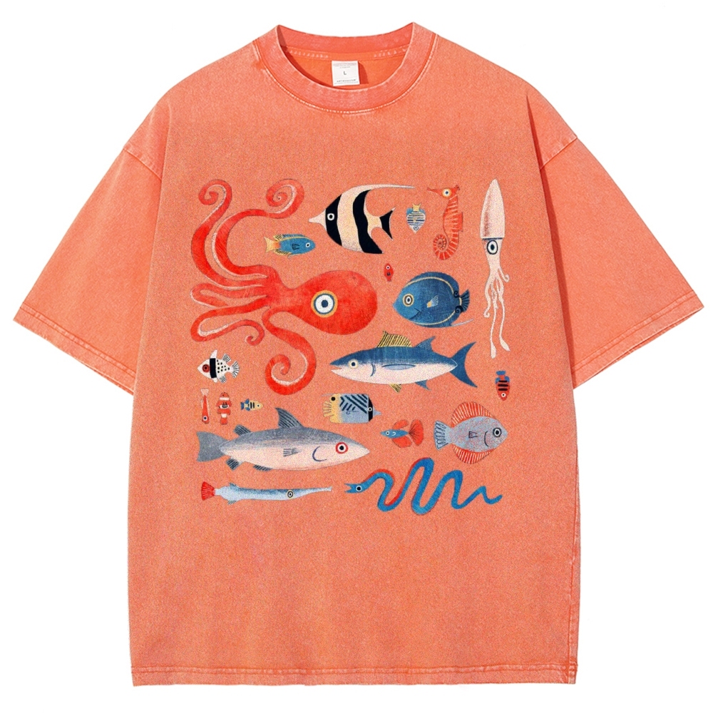 Unisex Octopus And Fish Printed Washed Tee