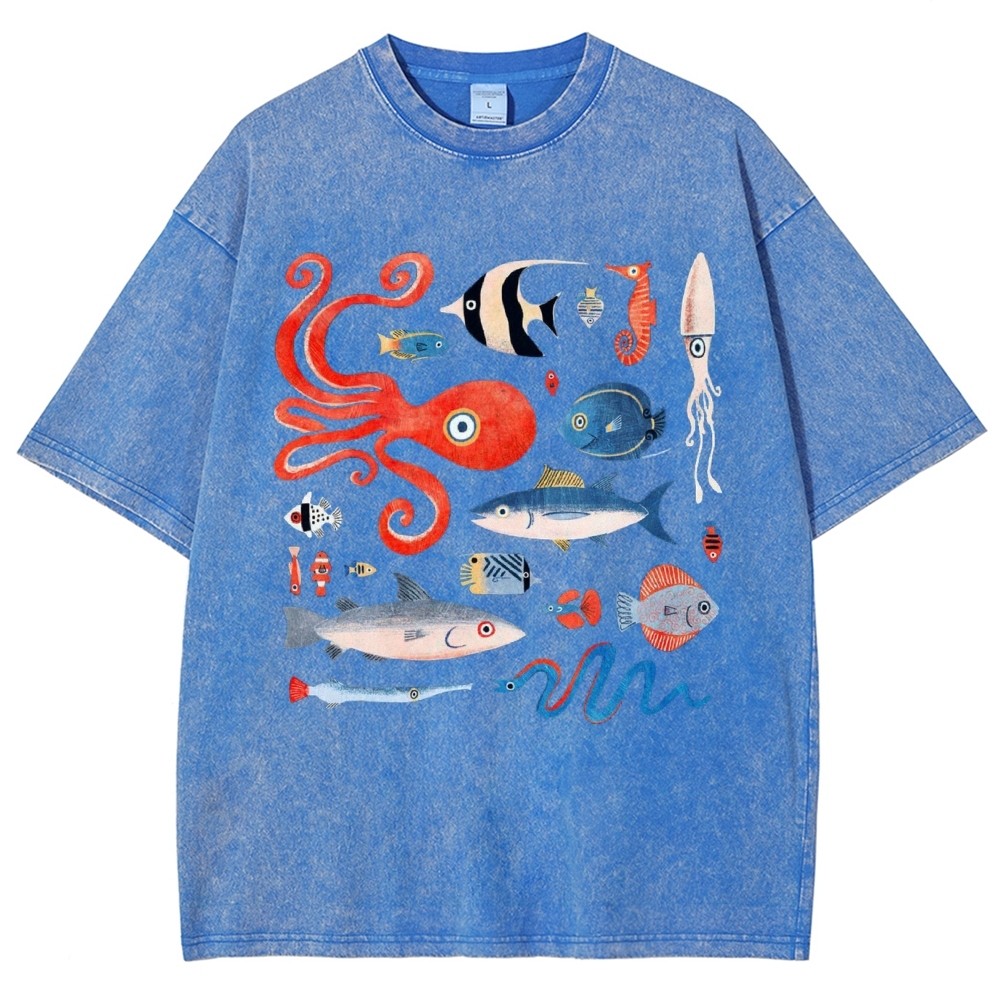 Unisex Octopus And Fish Printed Washed Tee