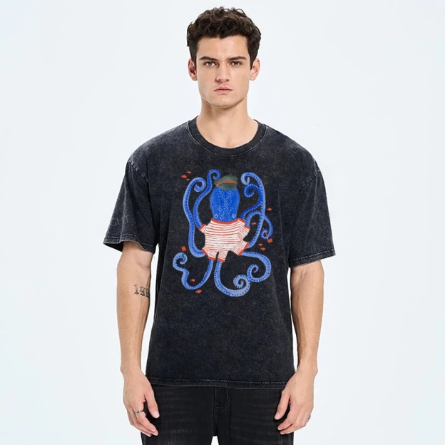 Unisex Octopus And Fish Printed Washed Tee