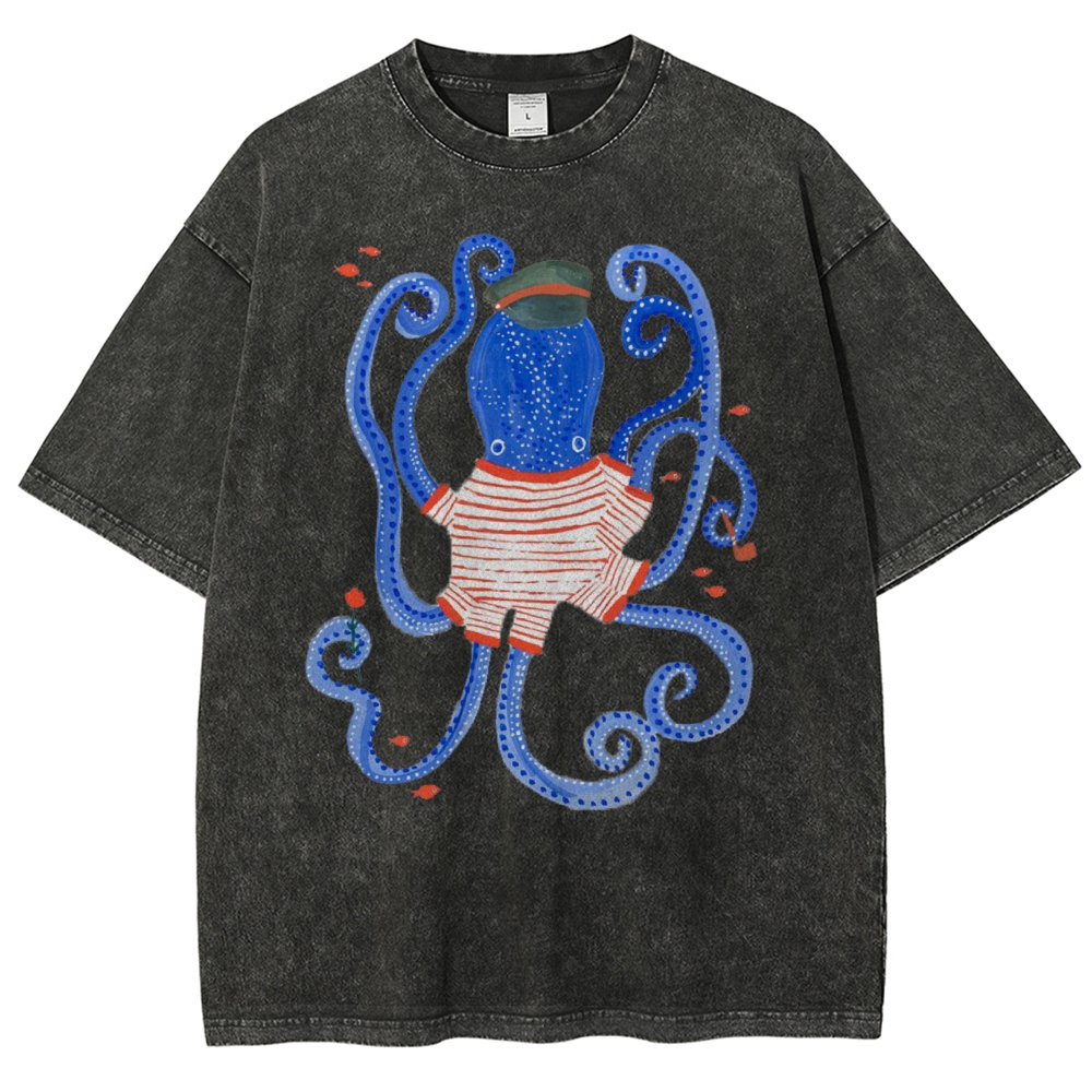Unisex Octopus And Fish Printed Washed Tee