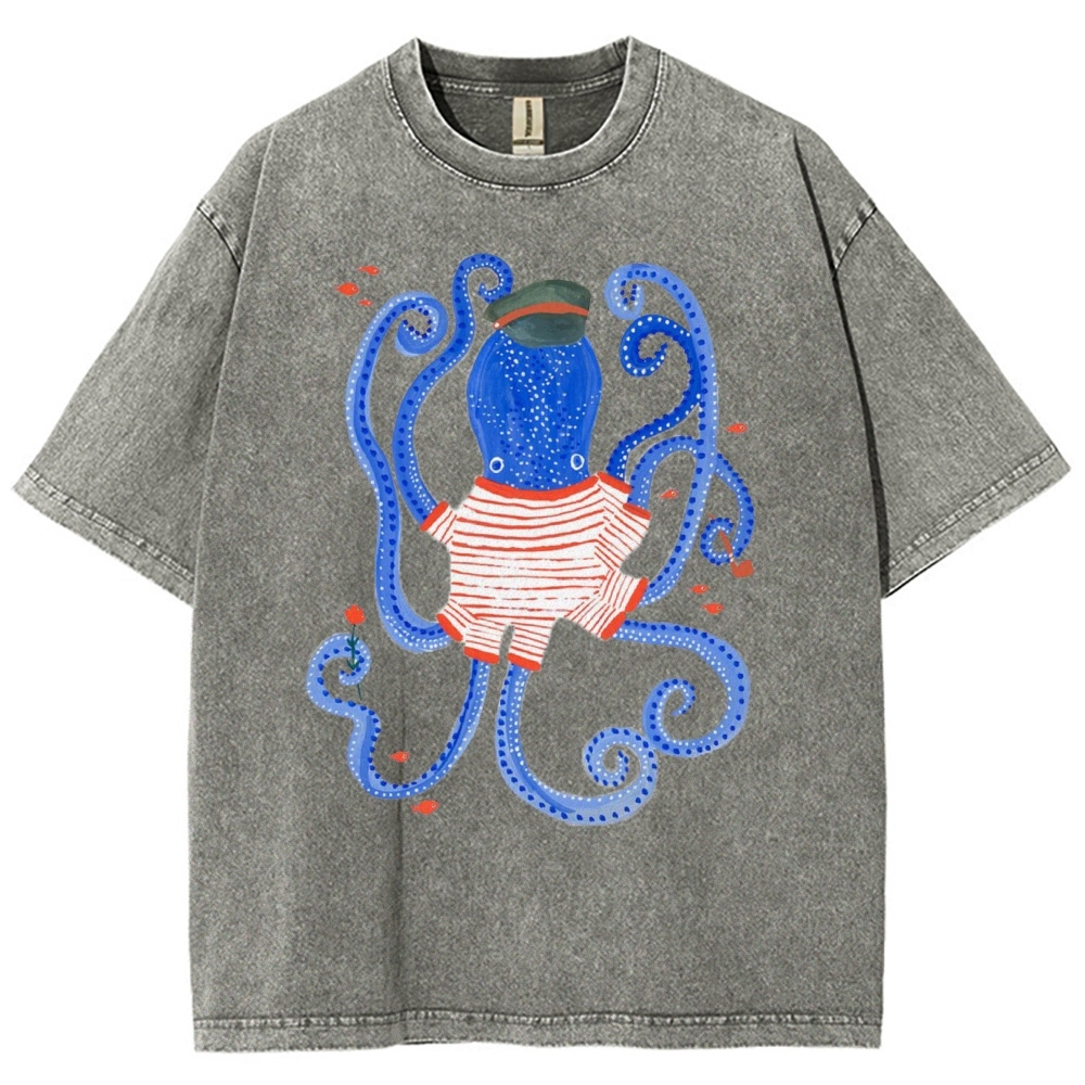 Unisex Octopus And Fish Printed Washed Tee