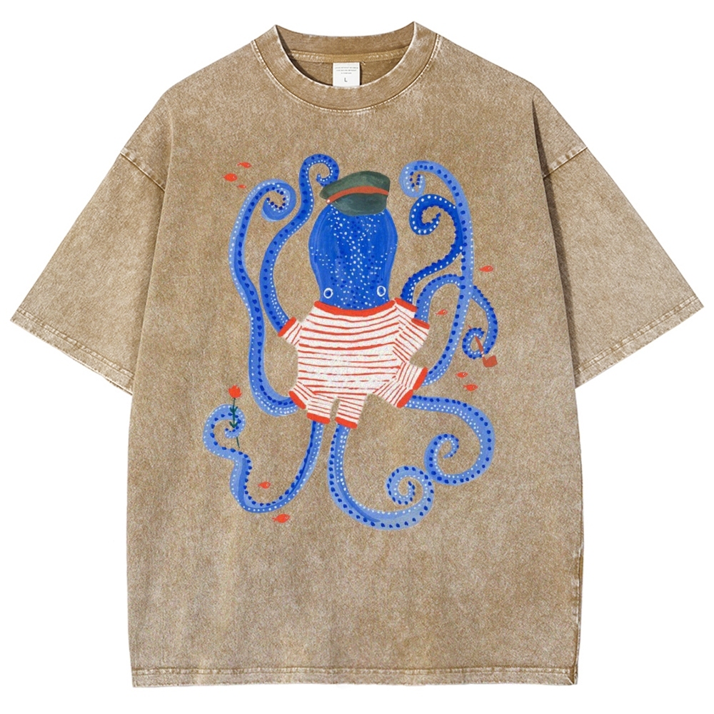 Unisex Octopus And Fish Printed Washed Tee