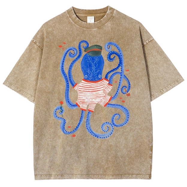 Unisex Octopus And Fish Printed Washed Tee