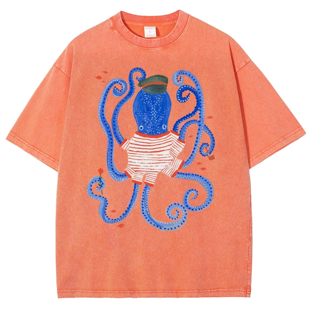 Unisex Octopus And Fish Printed Washed Tee