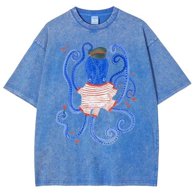 Unisex Octopus And Fish Printed Washed Tee