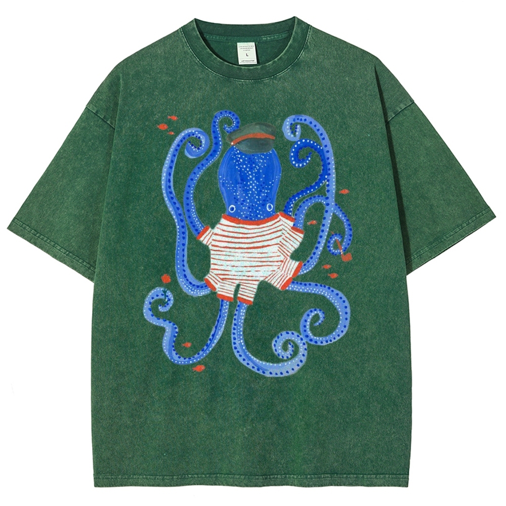 Unisex Octopus And Fish Printed Washed Tee