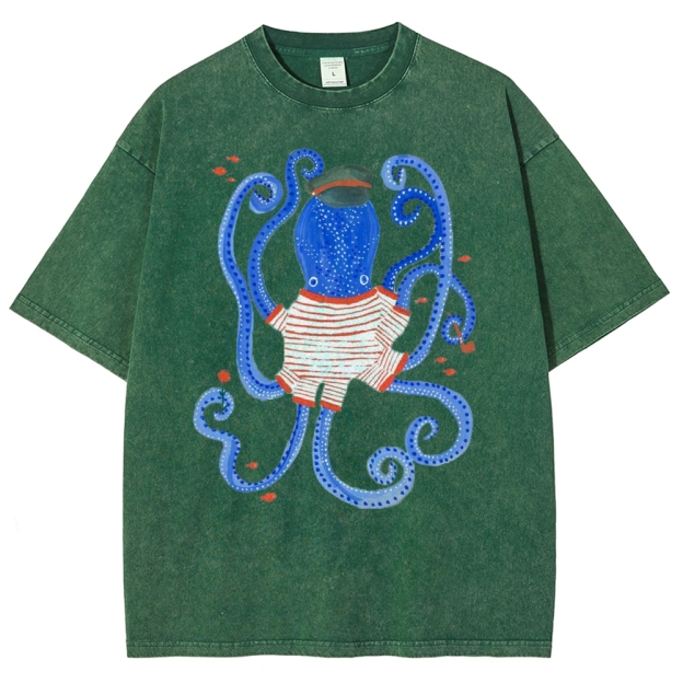 Unisex Octopus And Fish Printed Washed Tee