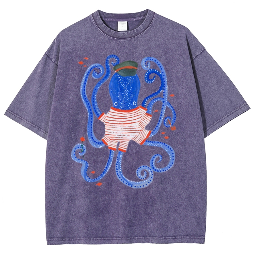 Unisex Octopus And Fish Printed Washed Tee