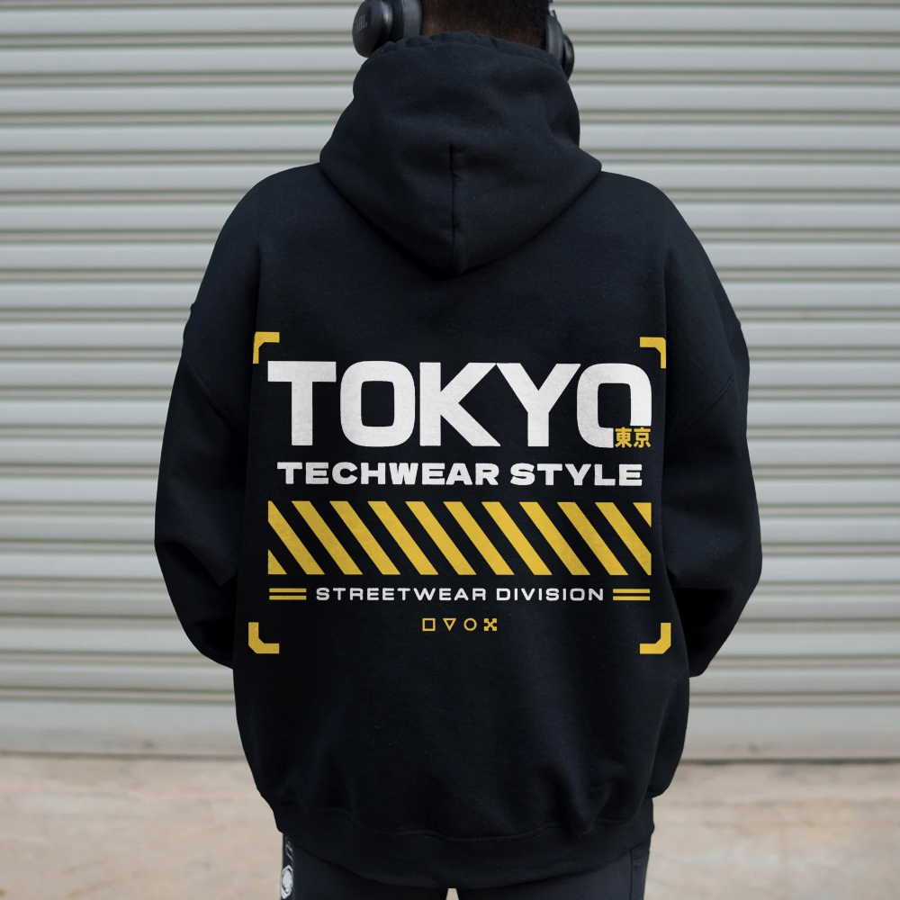 Tokyo Techwear Style Printed Back Cotton Hoodie