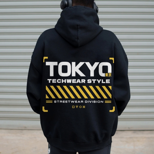 Tokyo Techwear Style Printed Back Cotton Hoodie