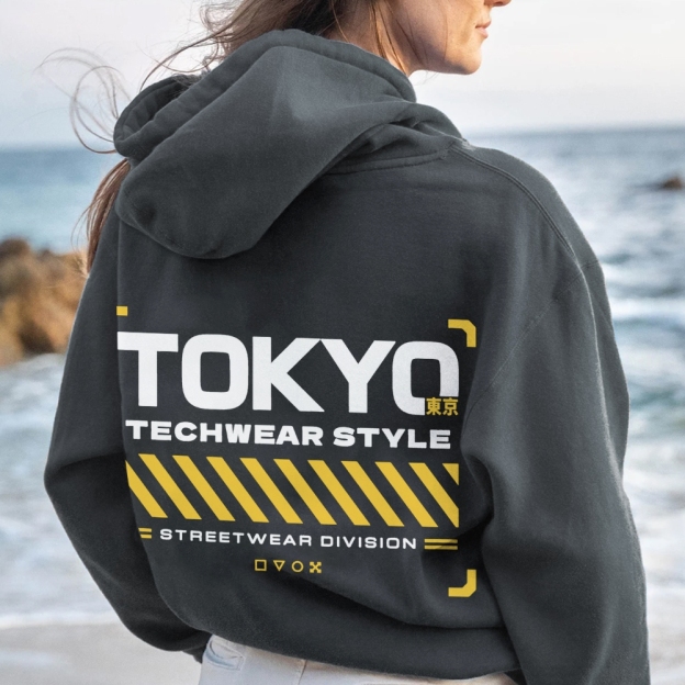 Tokyo Techwear Style Printed Back Cotton Hoodie