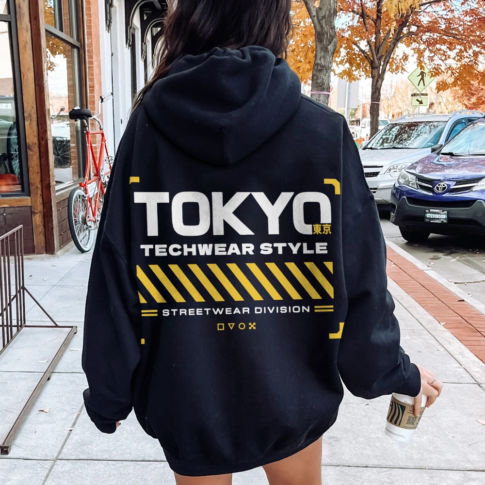 Tokyo Techwear Style Printed Back Cotton Hoodie